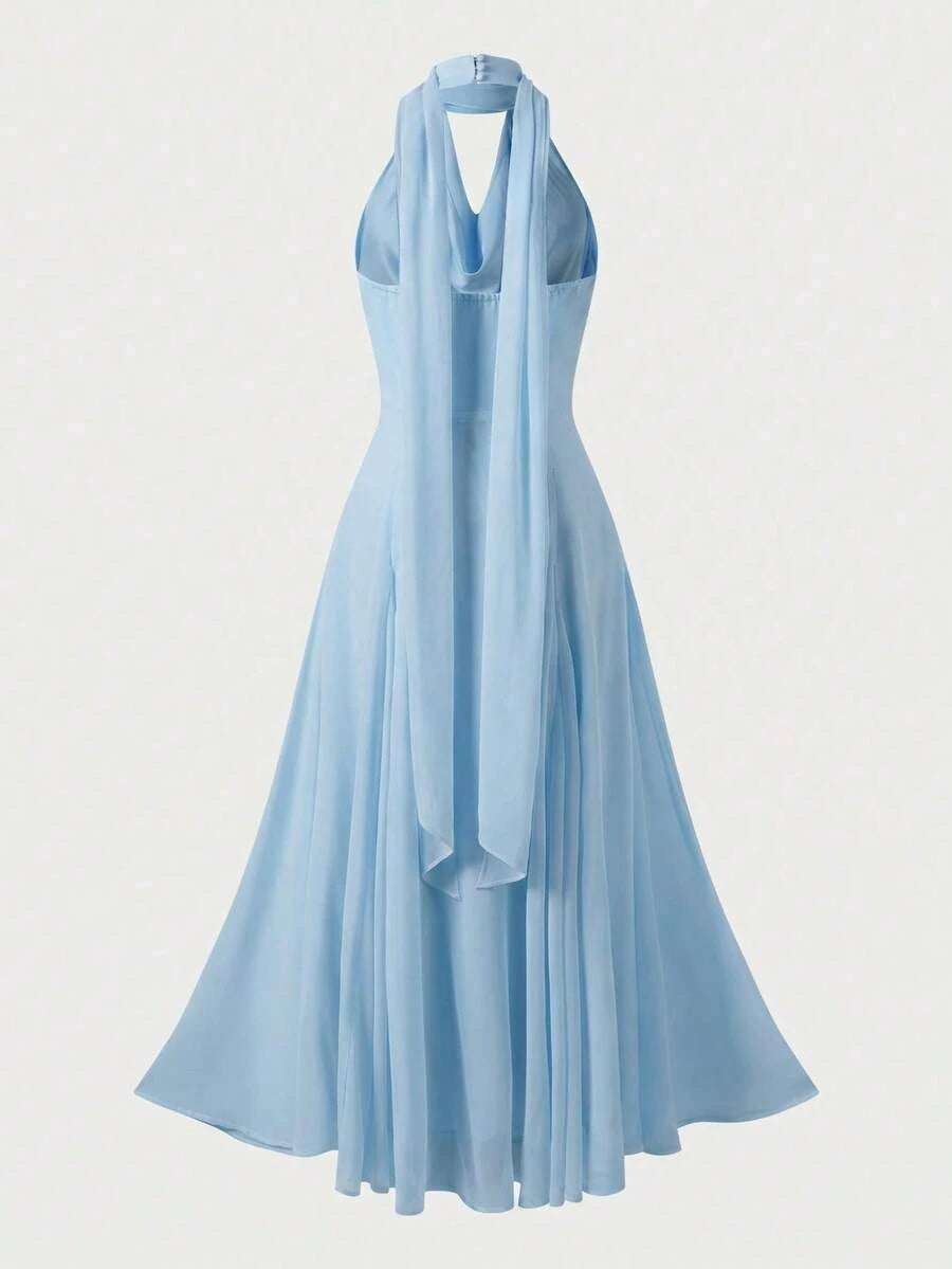 Casual Elegant A-Line Halter Cowl Neck Draped Light Blue Floor-Length Prom Dress