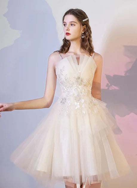Champagne Floral Lace Tulle A-line Short Homecoming Dress Short Prom Dress