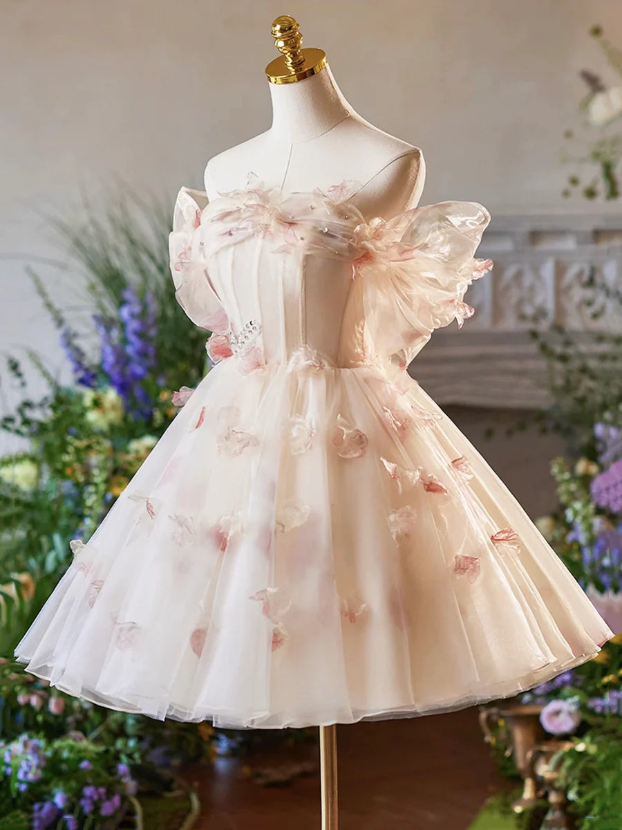 Champagne Floral Tulle Off the Shoulder BodyCon Corset Short A-Line Homecoming Dress