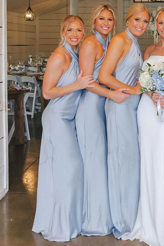 Champagne Halter Backless Halter Neck Long Bridesmaid Dress