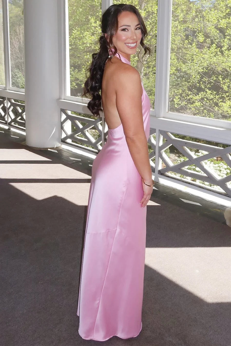 Champagne Halter Backless Halter Neck Long Bridesmaid Dress