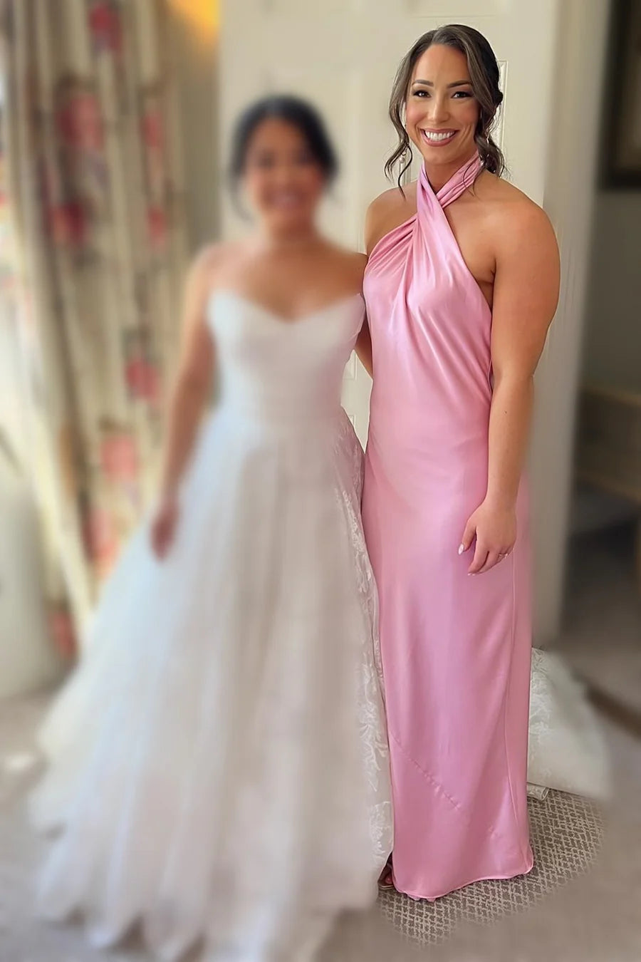 Champagne Halter Backless Halter Neck Long Bridesmaid Dress