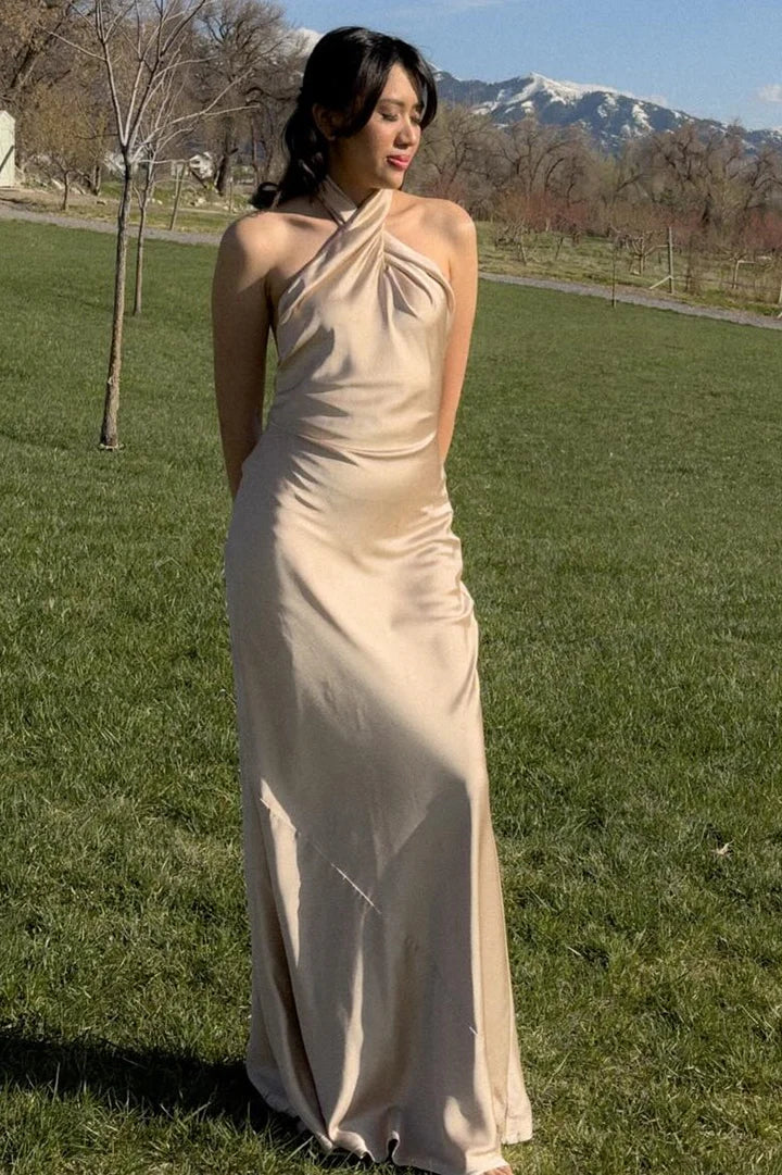 Champagne Halter Backless Halter Neck Long Bridesmaid Dress