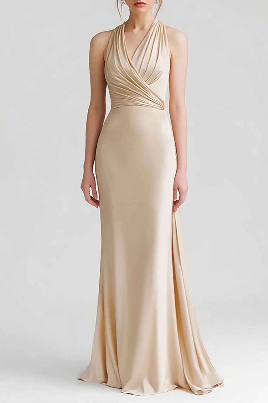 Champagne Halter V Neck Sheath Ruched Floor Length Evening Dress Champagne Prom Dress