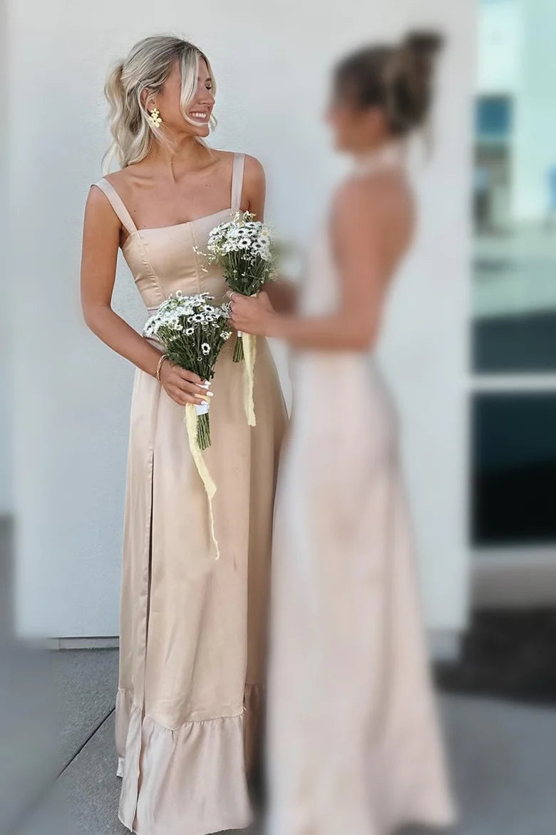 Champagne Lace-Up A-Line Side Slit Maxi Dress Bridesmaid Dresses