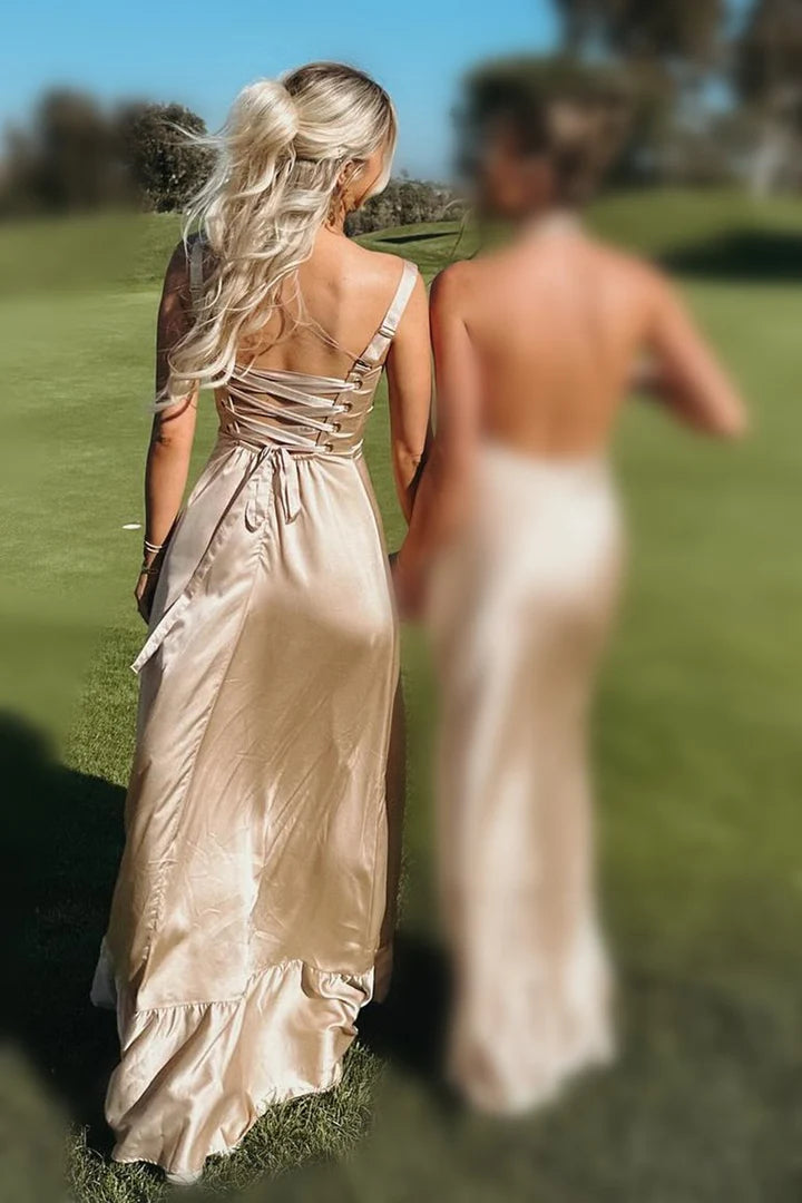 Champagne Lace-Up A-Line Side Slit Maxi Dress Bridesmaid Dresses