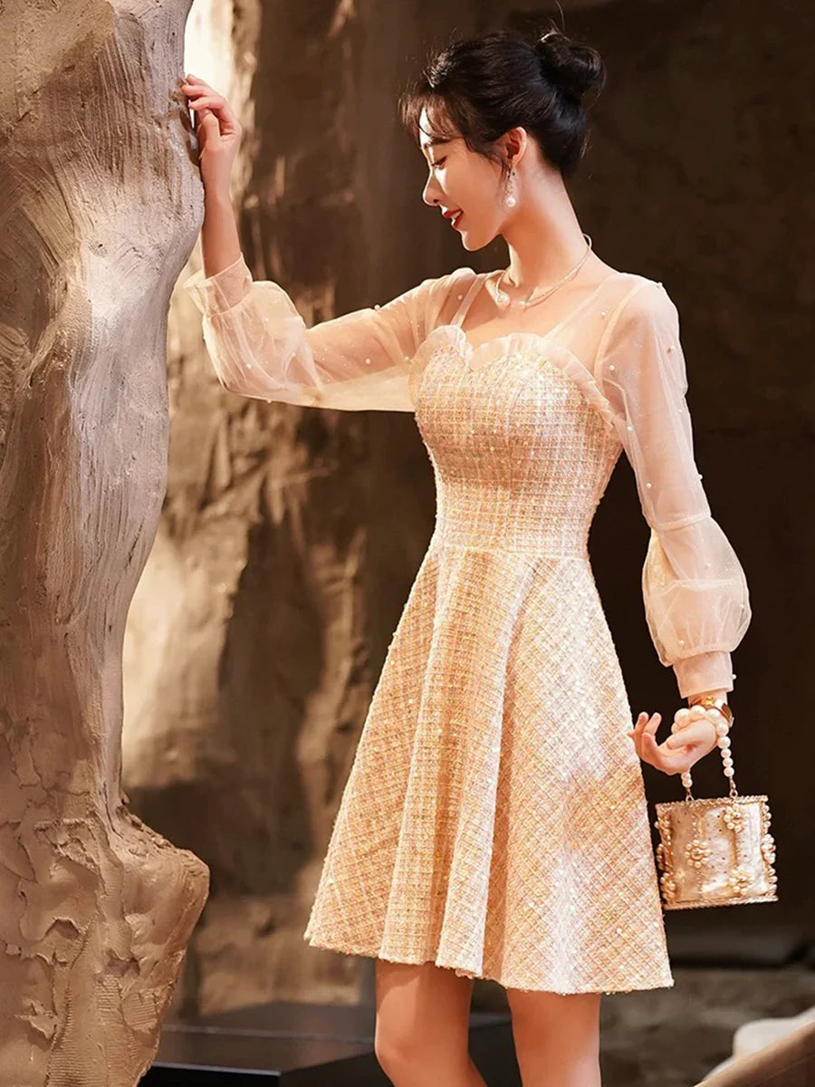 Champagne Long Sleeve A-Line Knee Length Short Prom Dress Evening Party Dress With Beads