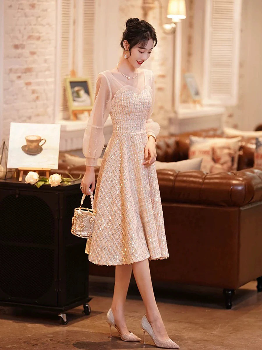 Champagne Long Sleeve A-Line Knee Length Short Prom Dress Evening Party Dress With Beads