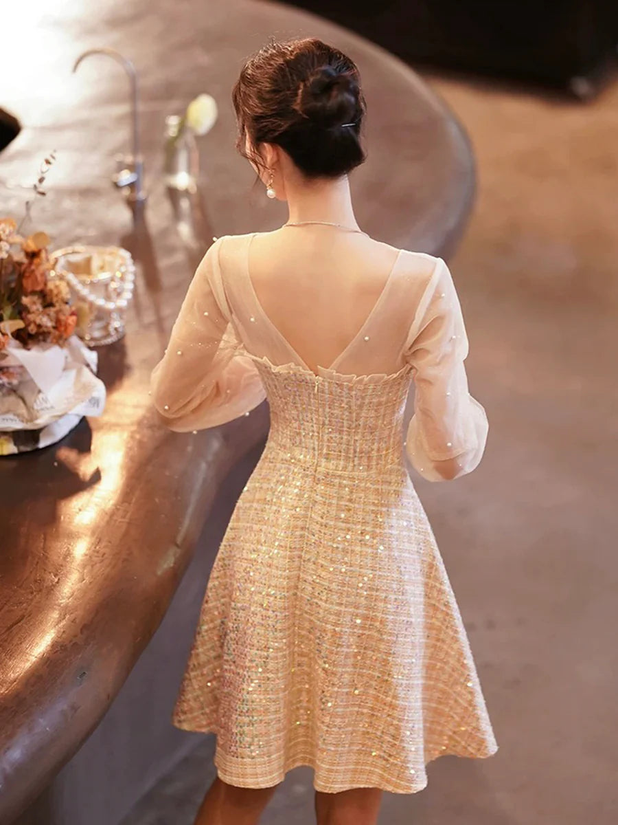 Champagne Long Sleeve A-Line Knee Length Short Prom Dress Evening Party Dress With Beads