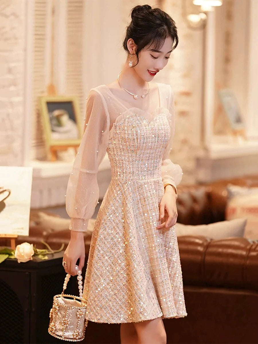 Champagne Long Sleeve A-Line Knee Length Short Prom Dress Evening Party Dress With Beads