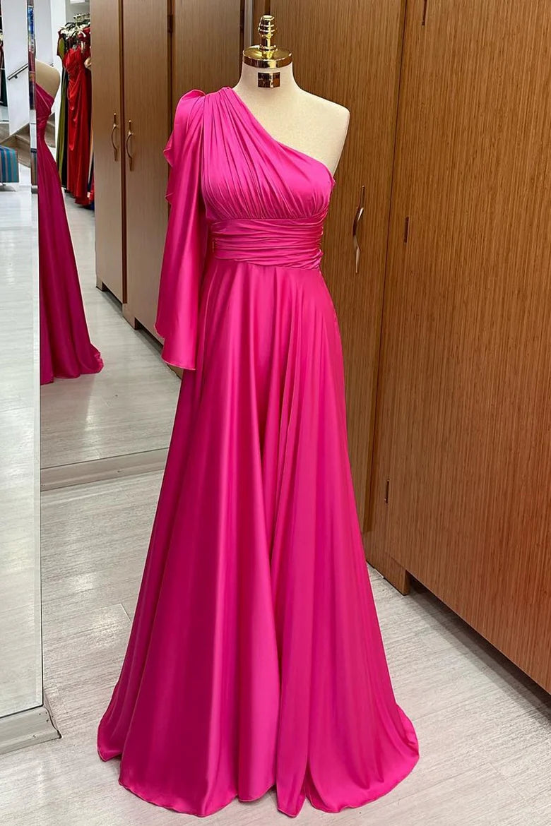 Champagne One-Shoulder Flared Sleeve banded Waist A-Line Full Length Mother of the Bride Dress