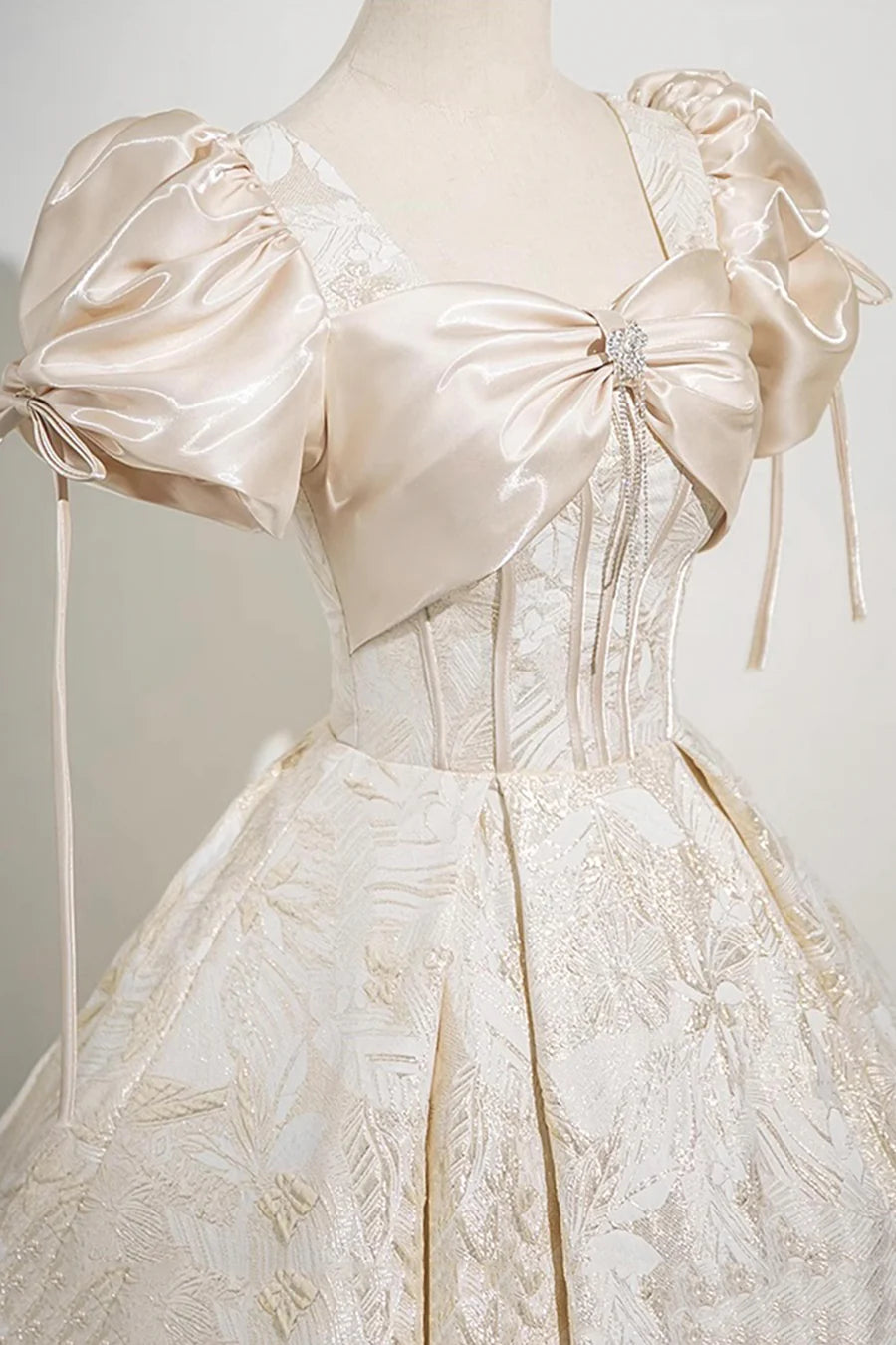 Champagne Printed Satin With Bow Short Sleeve Long Prom Dress Party Dress