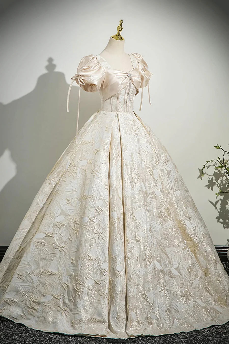 Champagne Printed Satin With Bow Short Sleeve Long Prom Dress Party Dress