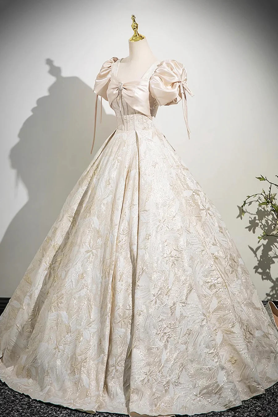 Champagne Printed Satin With Bow Short Sleeve Long Prom Dress Party Dress