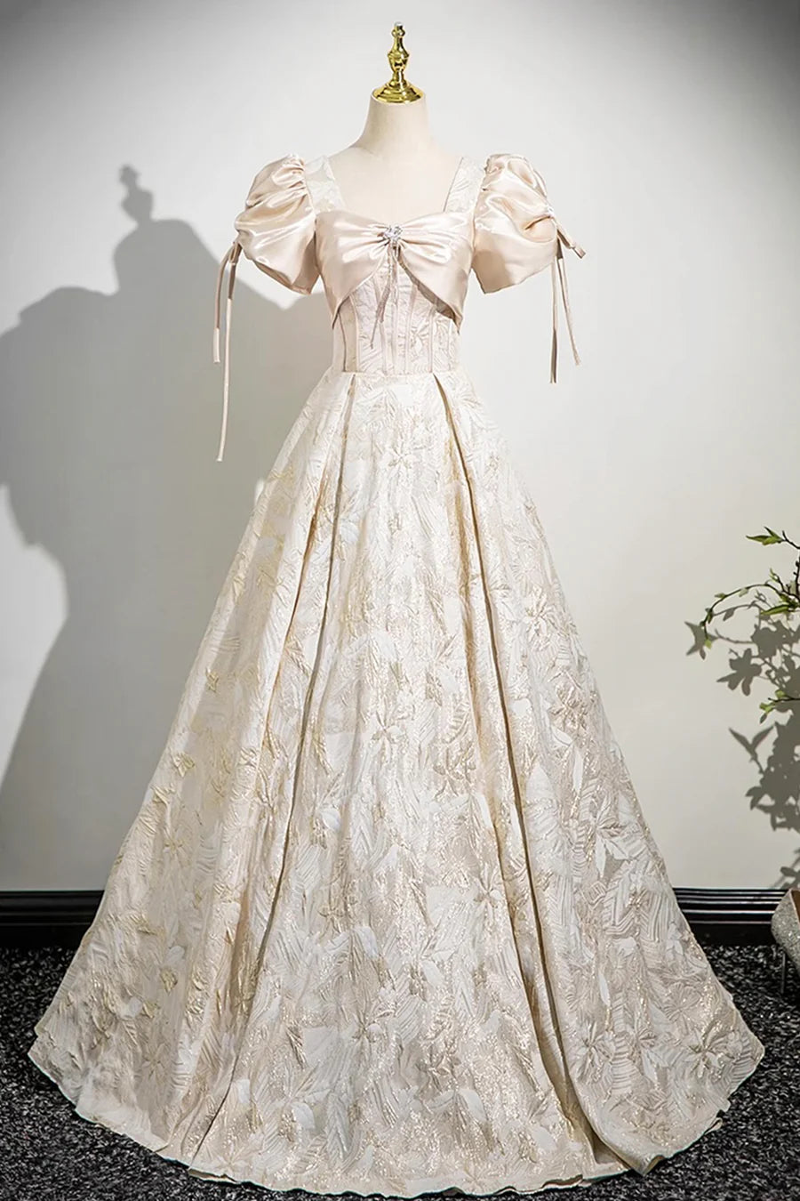 Champagne Printed Satin With Bow Short Sleeve Long Prom Dress Party Dress