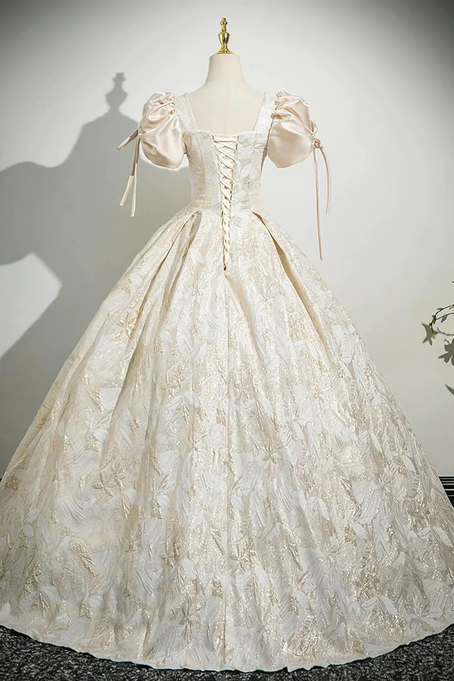 Champagne Printed Satin With Bow Short Sleeve Long Prom Dress Party Dress