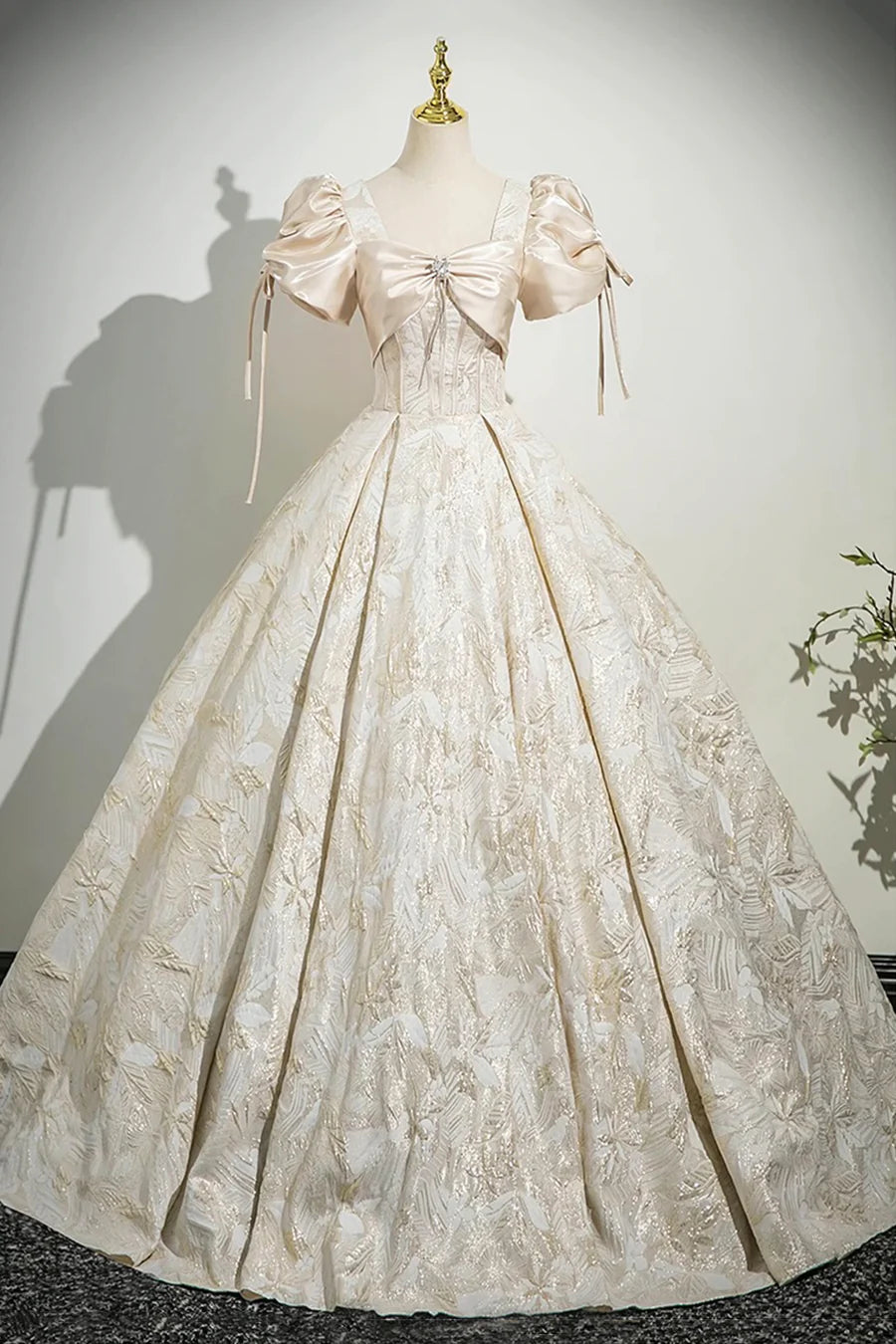 Champagne Printed Satin With Bow Short Sleeve Long Prom Dress Party Dress