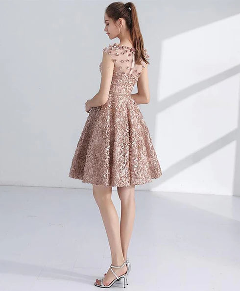 Champagne Round Neckline Lace With Applique Short Party Dresses Homecoming Dress