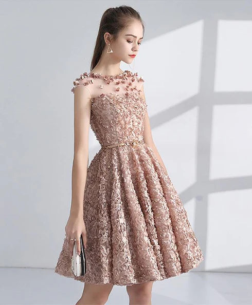 Champagne Round Neckline Lace With Applique Short Party Dresses Homecoming Dress