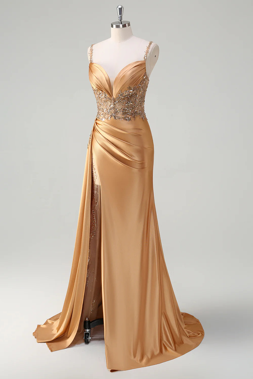 Champagne Satin Appliques Sequin V-Neck Spaghetti Straps Mermaid Long Prom Dress With Slit