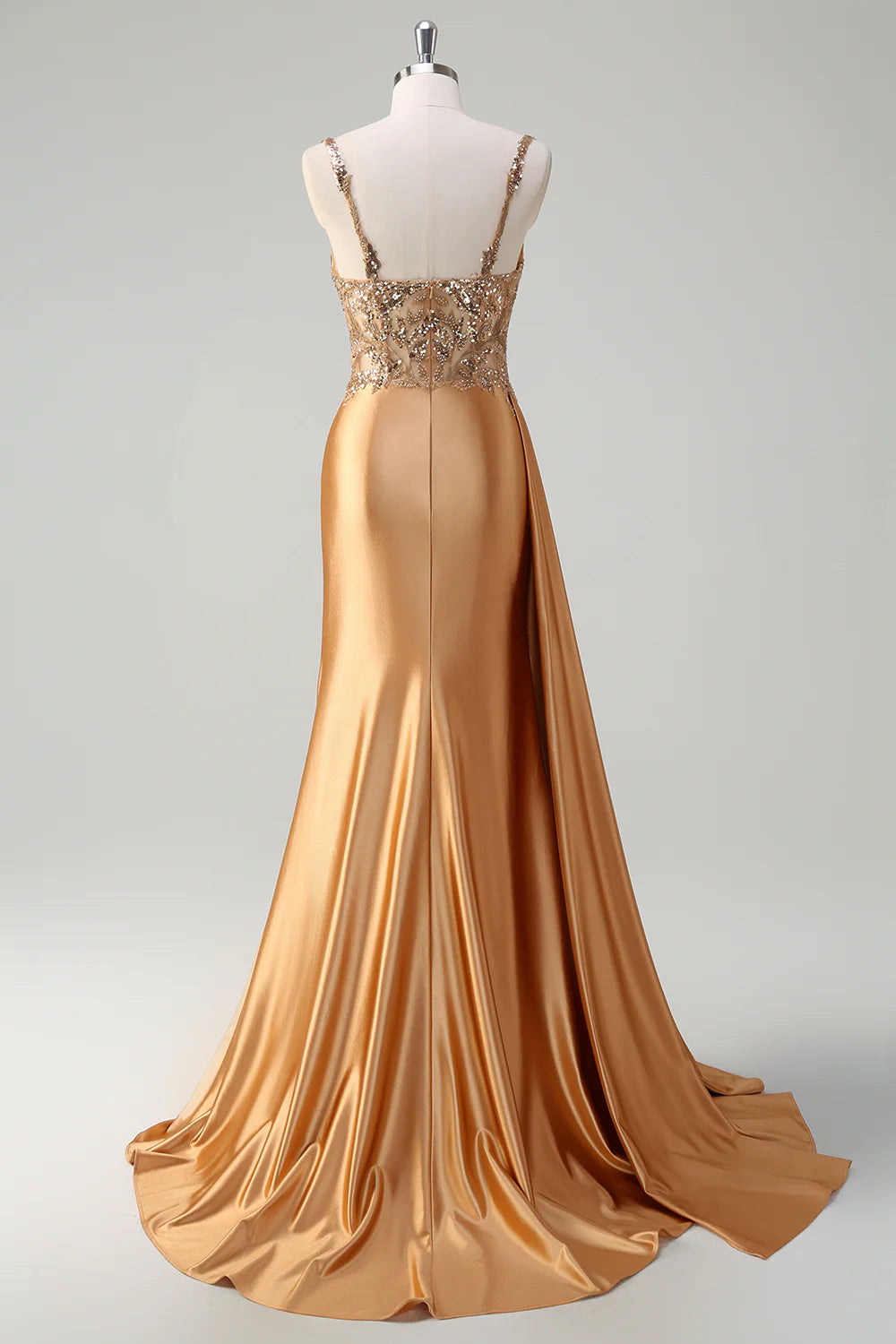 Champagne Satin Appliques Sequin V-Neck Spaghetti Straps Mermaid Long Prom Dress With Slit