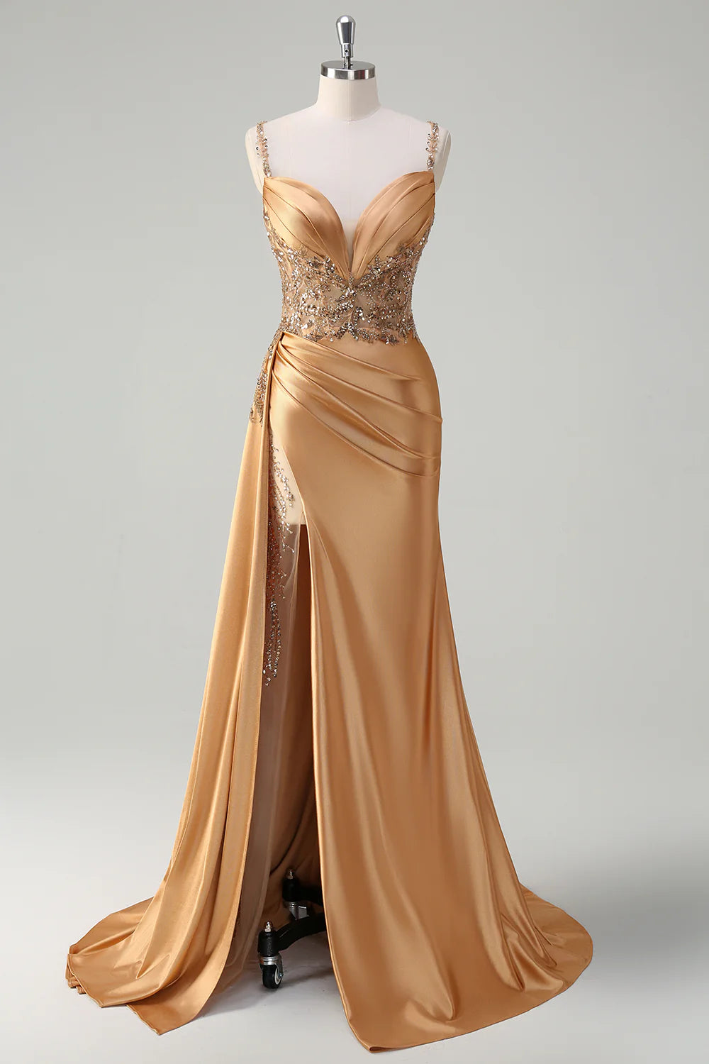 Champagne Satin Appliques Sequin V-Neck Spaghetti Straps Mermaid Long Prom Dress With Slit