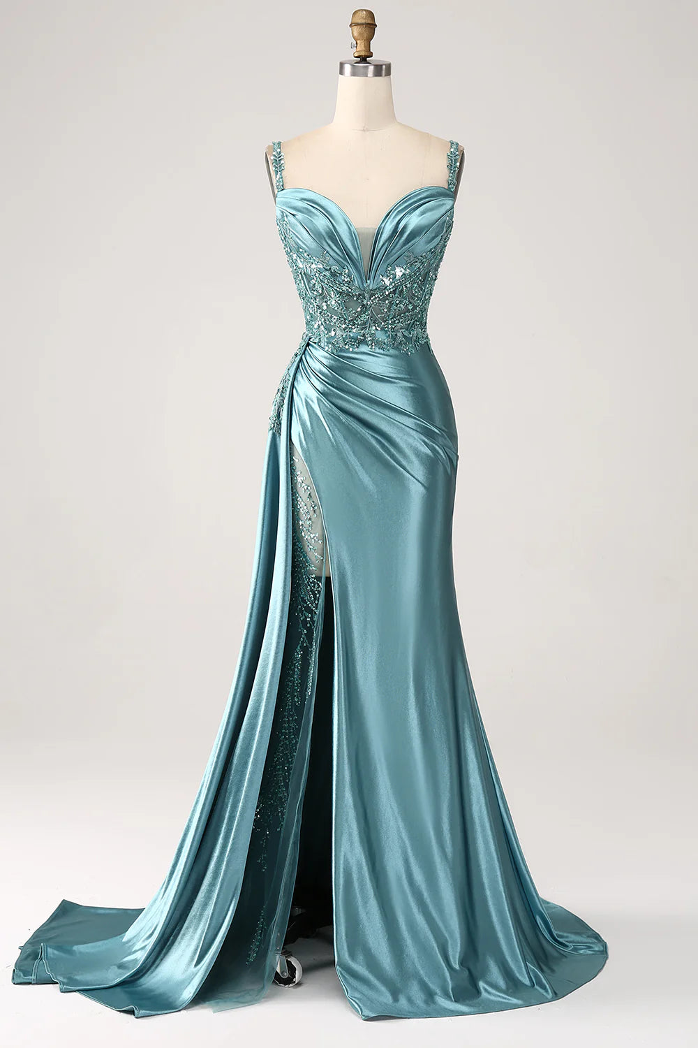 Champagne Satin Appliques Sequin V-Neck Spaghetti Straps Mermaid Long Prom Dress With Slit