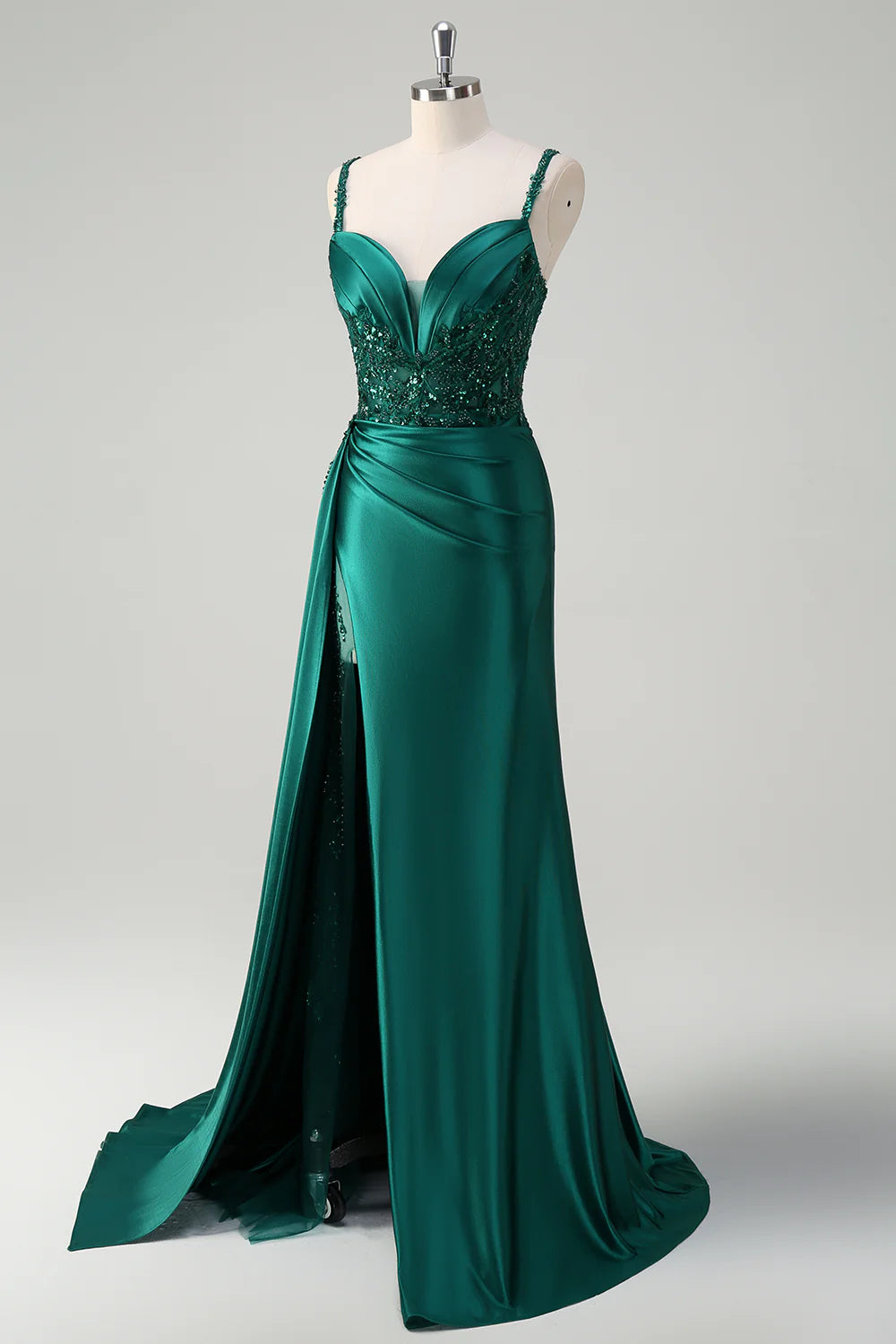 Champagne Satin Appliques Sequin V-Neck Spaghetti Straps Mermaid Long Prom Dress With Slit