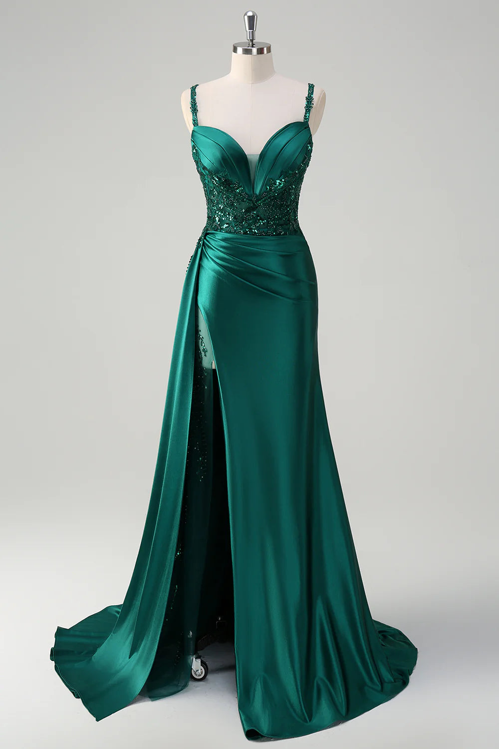 Champagne Satin Appliques Sequin V-Neck Spaghetti Straps Mermaid Long Prom Dress With Slit