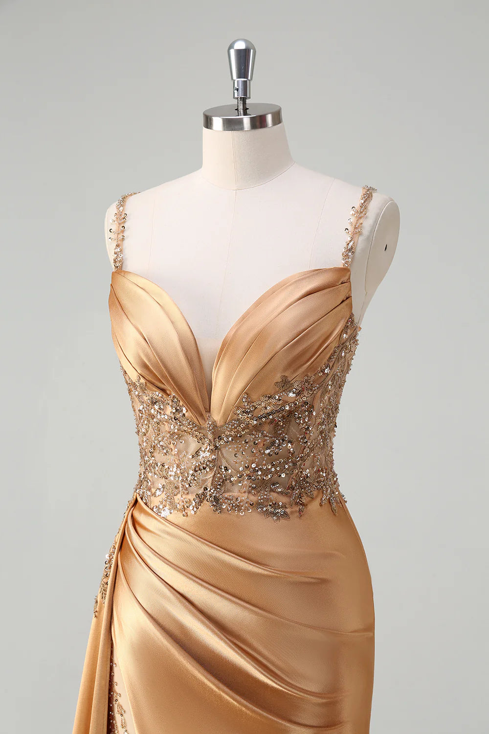 Champagne Satin Appliques Sequin V-Neck Spaghetti Straps Mermaid Long Prom Dress With Slit