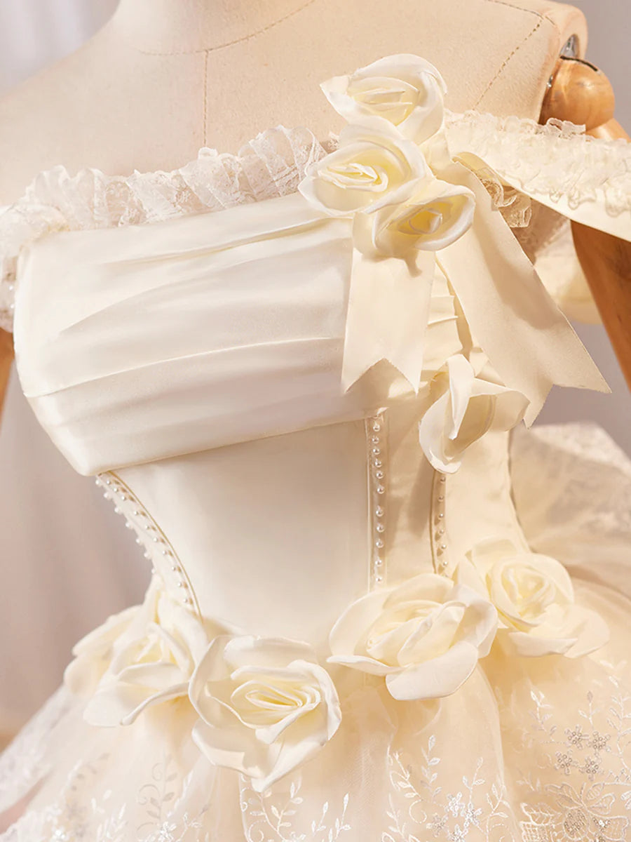 Champagne Satin Lace Layer Knee Length Homecoming Dress Off the Shoulder Evening Party Dress