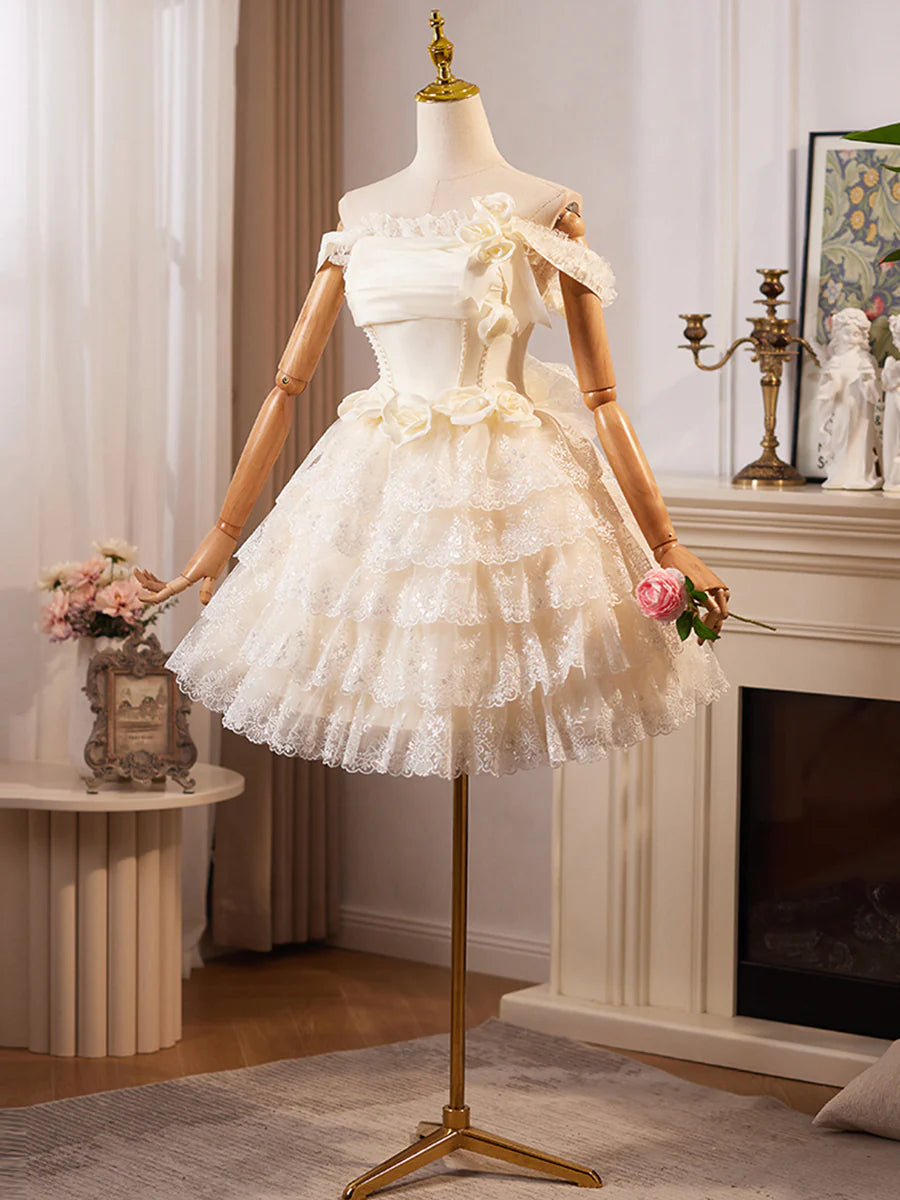 Champagne Satin Lace Layer Knee Length Homecoming Dress Off the Shoulder Evening Party Dress