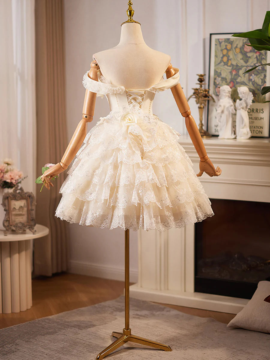 Champagne Satin Lace Layer Knee Length Homecoming Dress Off the Shoulder Evening Party Dress
