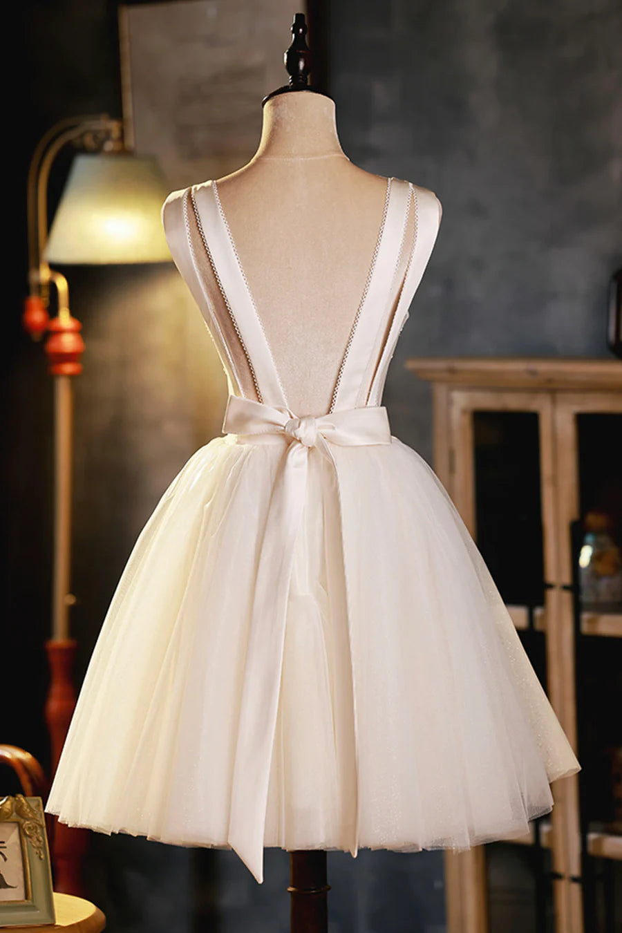 Champagne Satin Tulle V-Neck Open Back Short Prom Dress A-Line Homecoming Party Dress