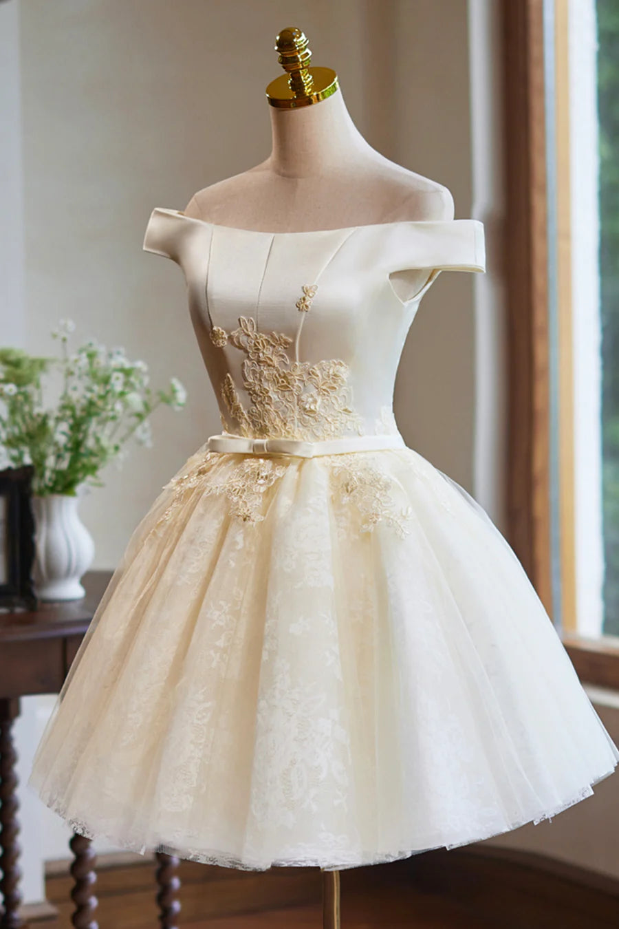 Champagne Satin Tulle With Applique Knee Length Party Dress Off the Shoulder Homecoming Dress