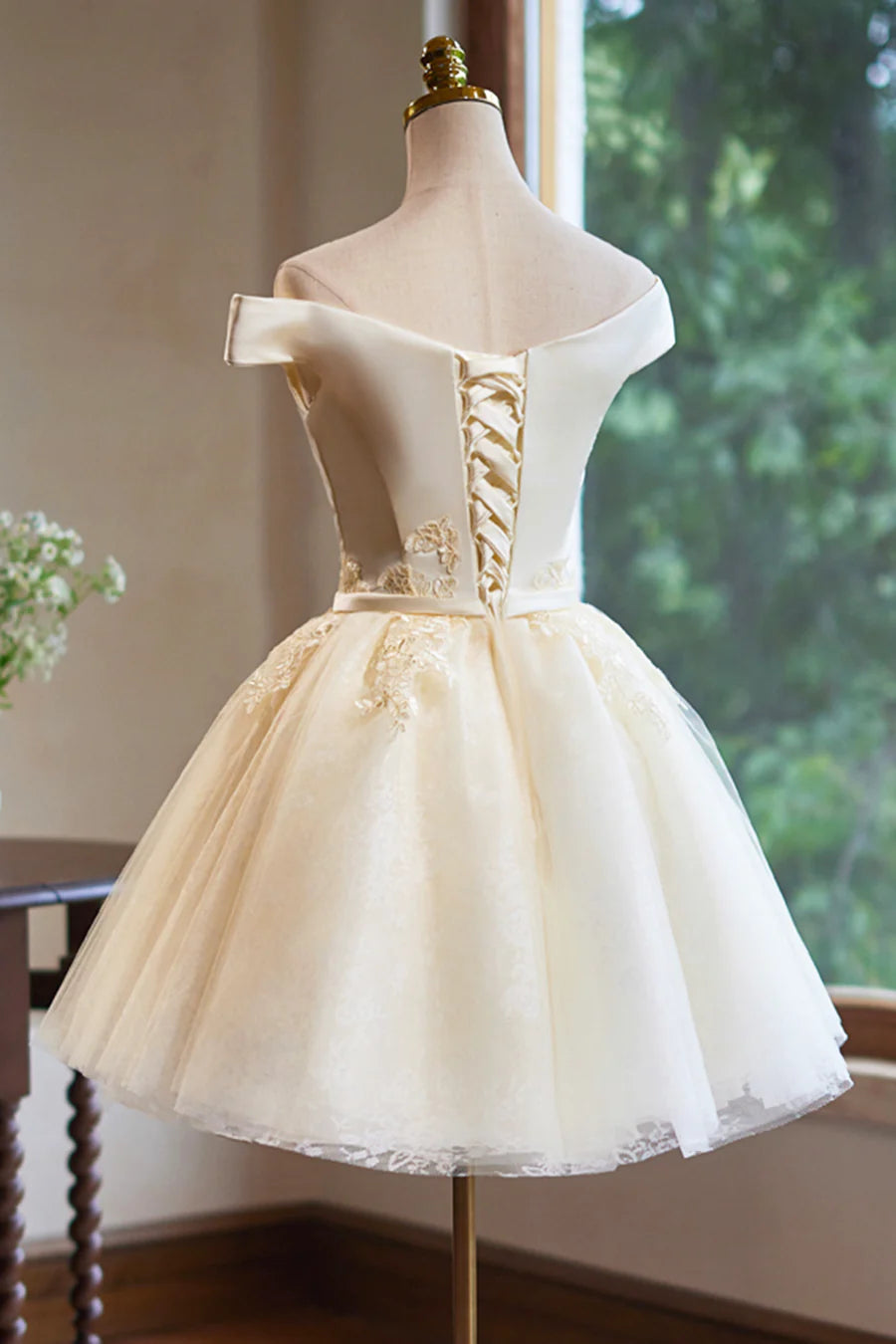 Champagne Satin Tulle With Applique Knee Length Party Dress Off the Shoulder Homecoming Dress