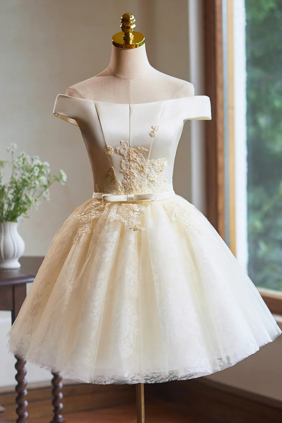 Champagne Satin Tulle With Applique Knee Length Party Dress Off the Shoulder Homecoming Dress