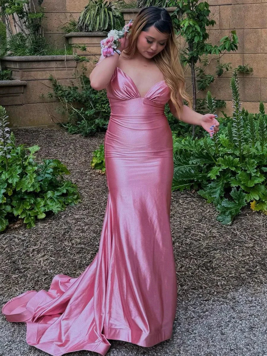 Champagne Satin V Neck Mermaid Sleeveless Long Evening Dress Pink  Prom Dress With Sweep Train