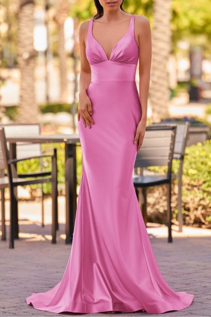 Champagne Satin V Neck Mermaid Sleeveless Long Evening Dress Pink  Prom Dress With Sweep Train