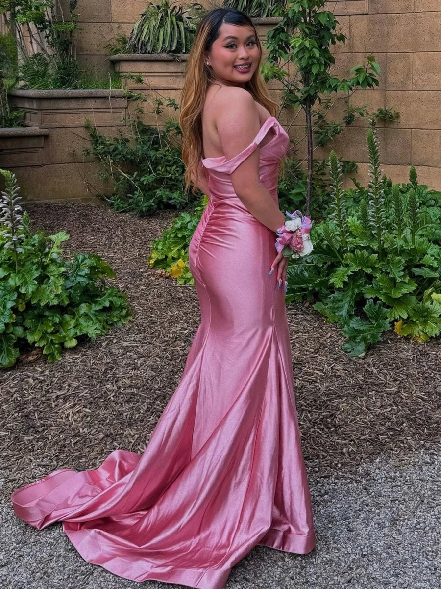 Champagne Satin V Neck Mermaid Sleeveless Long Evening Dress Pink  Prom Dress With Sweep Train