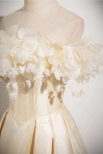 Champagne Satin With Applique Flowers Floor Length Prom Dress Off the Shoulder A-Line Party Dress