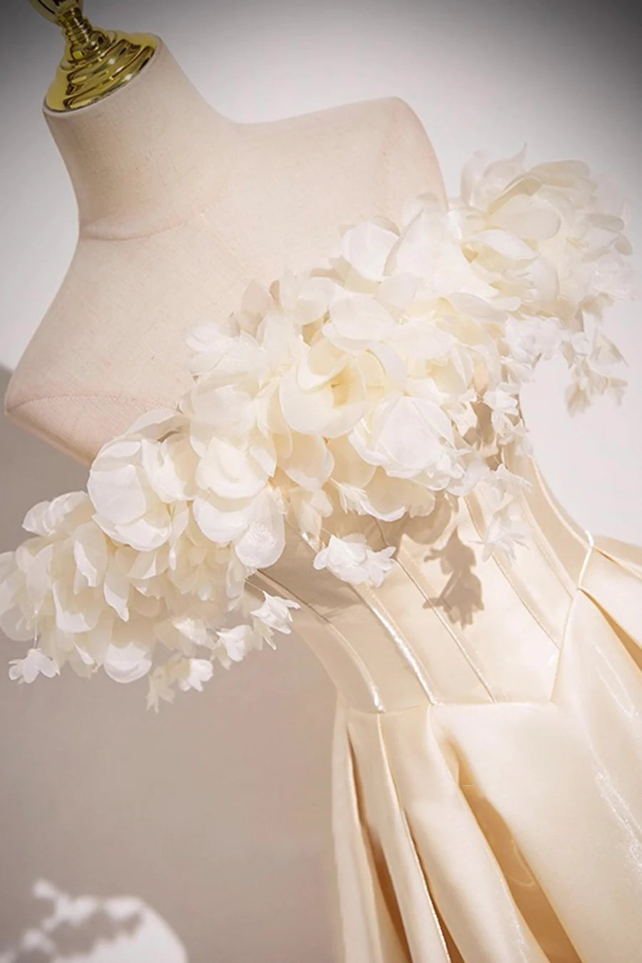 Champagne Satin With Applique Flowers Floor Length Prom Dress Off the Shoulder A-Line Party Dress