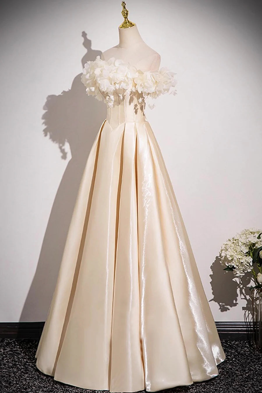 Champagne Satin With Applique Flowers Floor Length Prom Dress Off the Shoulder A-Line Party Dress