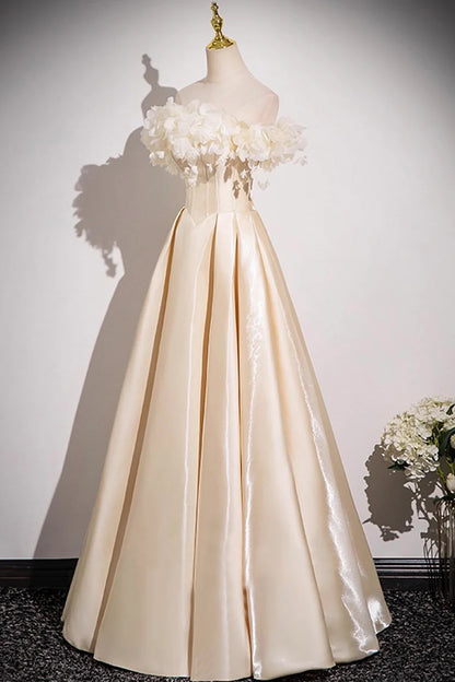 Champagne Satin With Applique Flowers Floor Length Prom Dress Off the Shoulder A-Line Party Dress