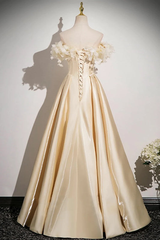 Champagne Satin With Applique Flowers Floor Length Prom Dress Off the Shoulder A-Line Party Dress