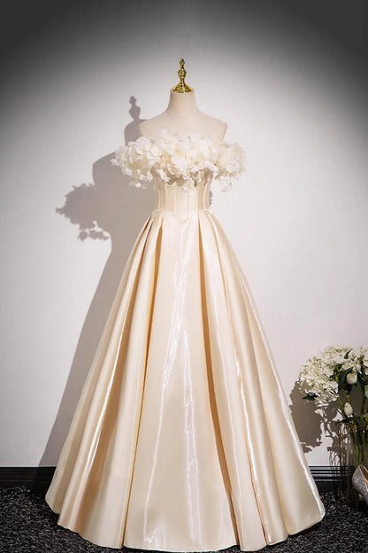 Champagne Satin With Applique Flowers Floor Length Prom Dress Off the Shoulder A-Line Party Dress