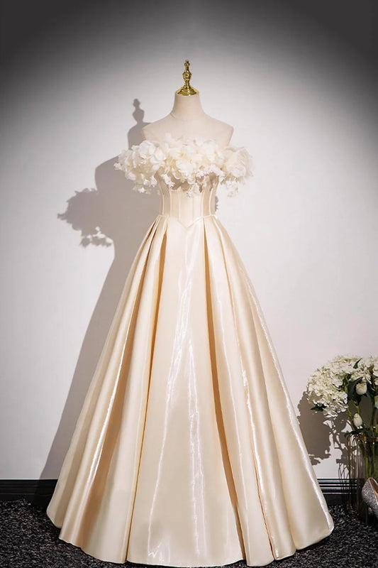 Champagne Satin With Applique Flowers Floor Length Prom Dress Off the Shoulder A-Line Party Dress