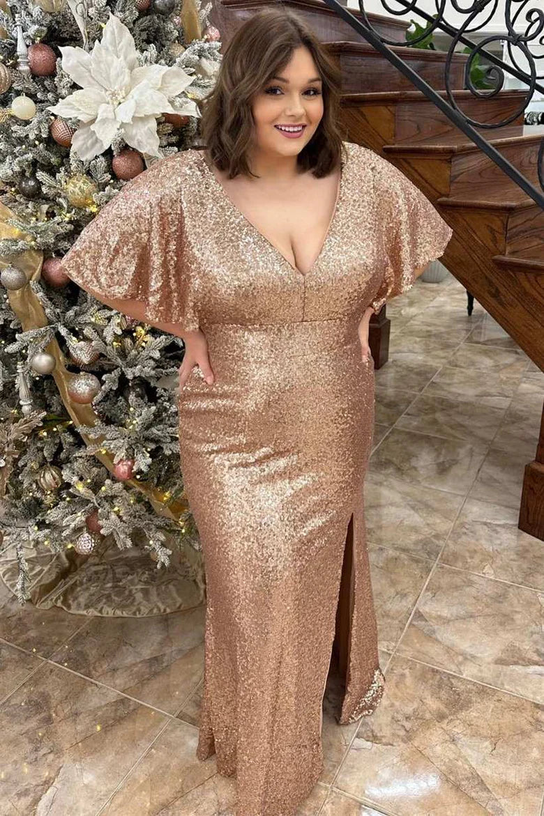 Champagne Sequin V-Neck Short Sleeve Ruffles Long Evening Dress with Slit