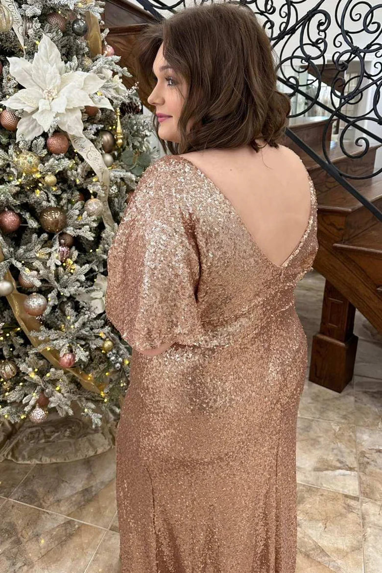 Champagne Sequin V-Neck Short Sleeve Ruffles Long Evening Dress with Slit