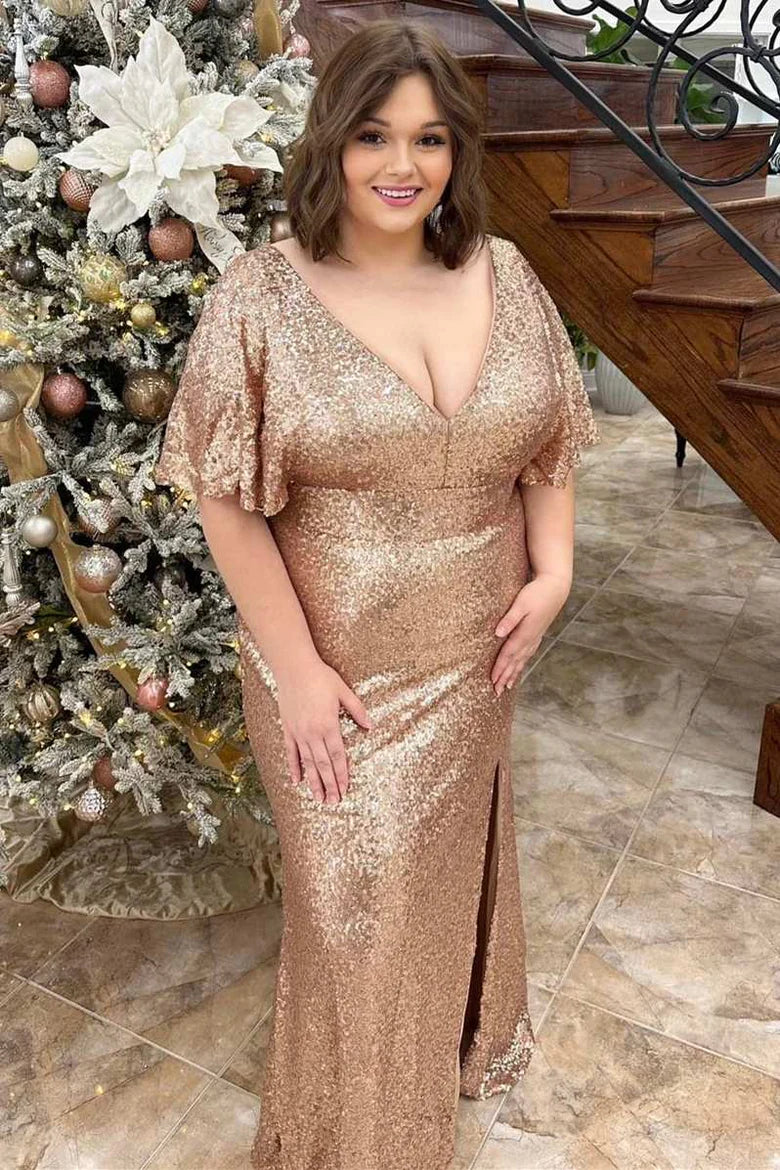 Champagne Sequin V-Neck Short Sleeve Ruffles Long Evening Dress with Slit